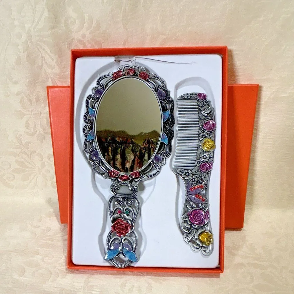 Vintage Style Enamel Butterfly Vanity Set Folding Hand Mirror & Hair Comb In Box